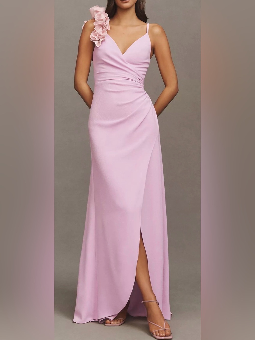 Dress The Population Camelia Ruffle-Shoulder V Neck Crepe Maxi Dress sz L